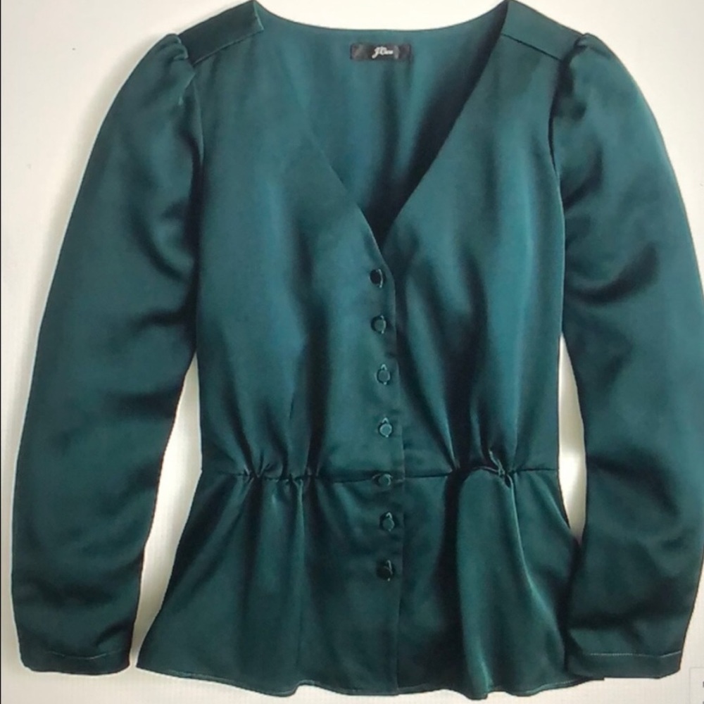 J. Crew Hunter Green Peplum Top in Satin-Crepe